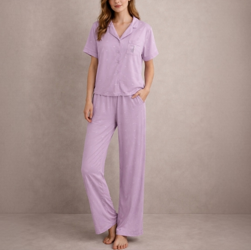 Juicy Couture Lavender Heart Pajama Set Sleepwear Y2K Purple Jersey Knit 2pc XL